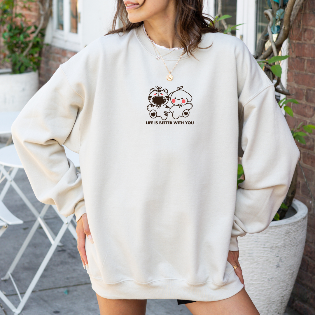 LIFE IS BETTER WITH YOU Embroidery Crewneck Sweatshirt - OVERSIZED