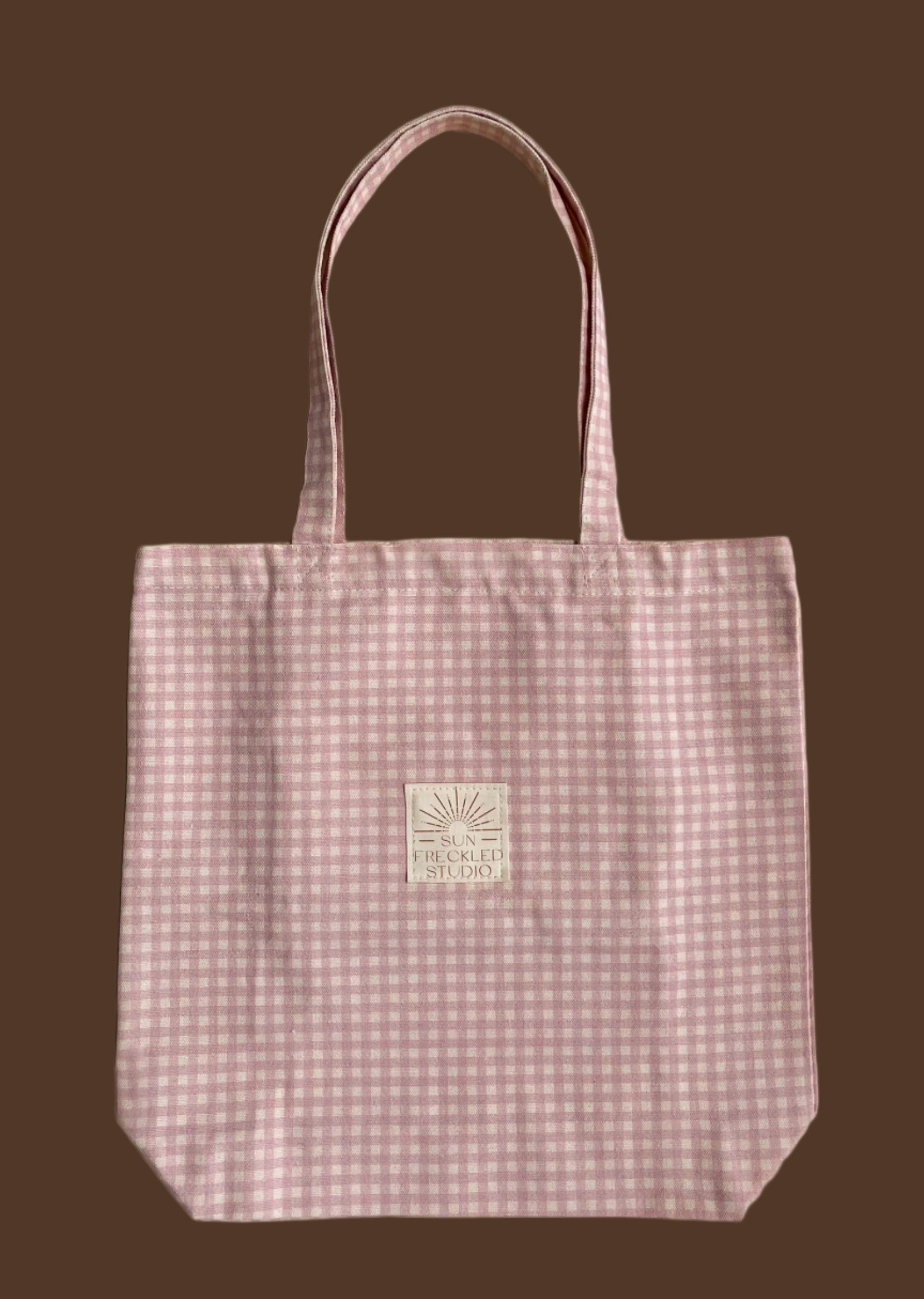 Strawberry Gingham Tote Bag – Pink Canvas Shoulder Bag with Pockets & Magnetic Closure