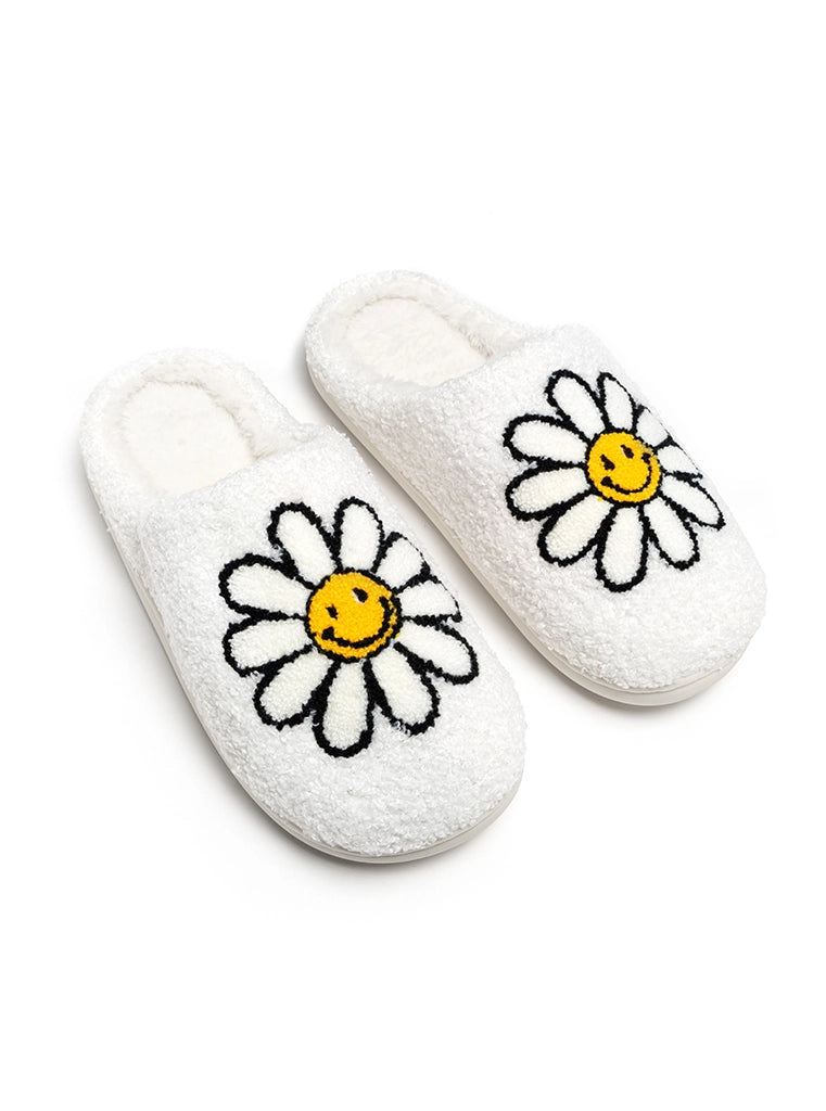 Sunshine Daisy Slippers – Fuzzy Cottagecore House Shoes with Smiley Flower Design (Indoor/Outdoor Soles)