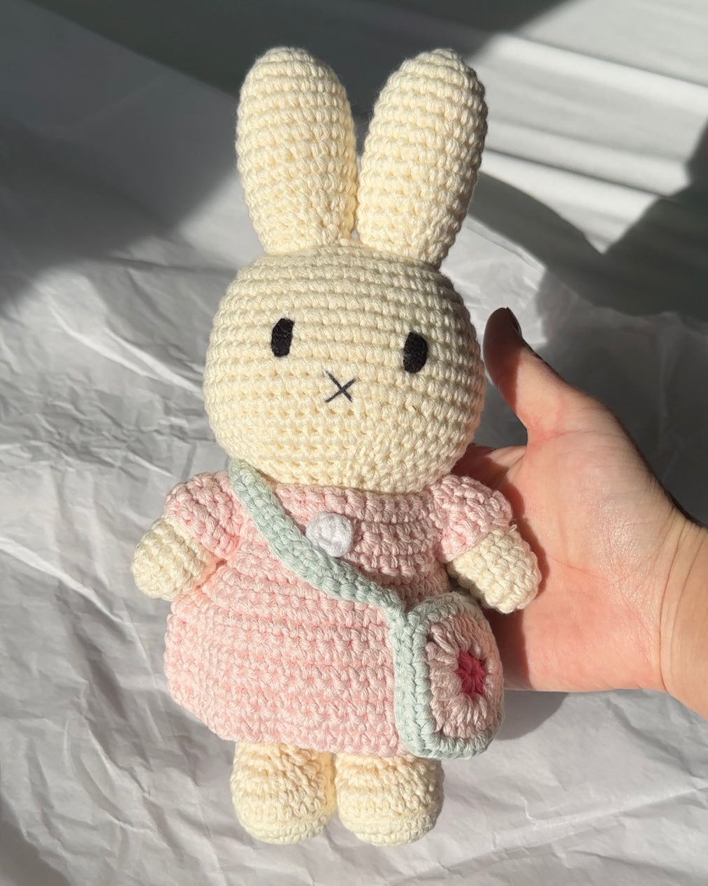 🌸 Miffy Crochet Plush – Pink Dress & Blue Flower Bag | Handmade Amigurumi Stuffed Bunny