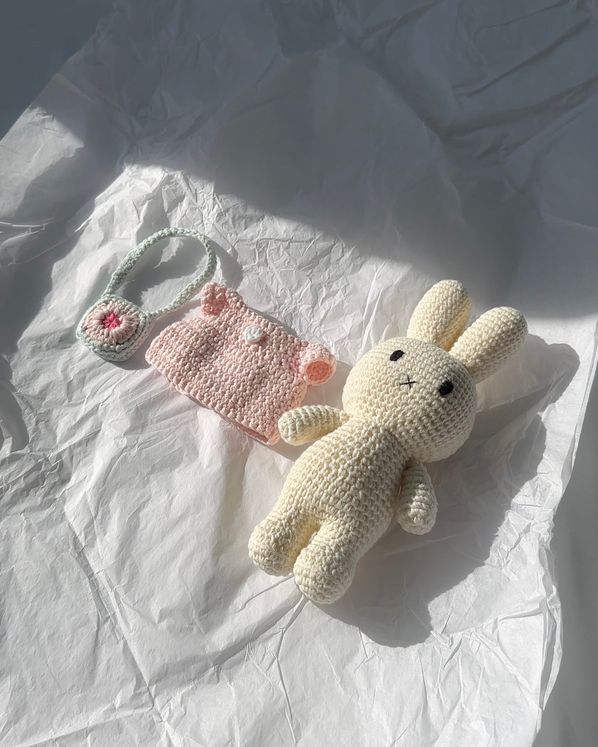 🌸 Miffy Crochet Plush – Pink Dress & Blue Flower Bag | Handmade Amigurumi Stuffed Bunny