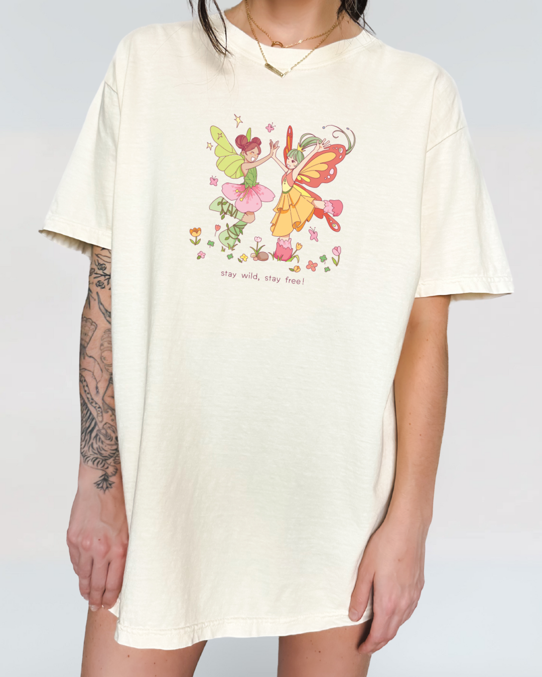 Dancing Fairies Graphic Tee – Relaxed Unisex T-Shirt in Pink or Ivory, Stay Wild Stay Free Fairycore Shirt, Soft Girl Aesthetic