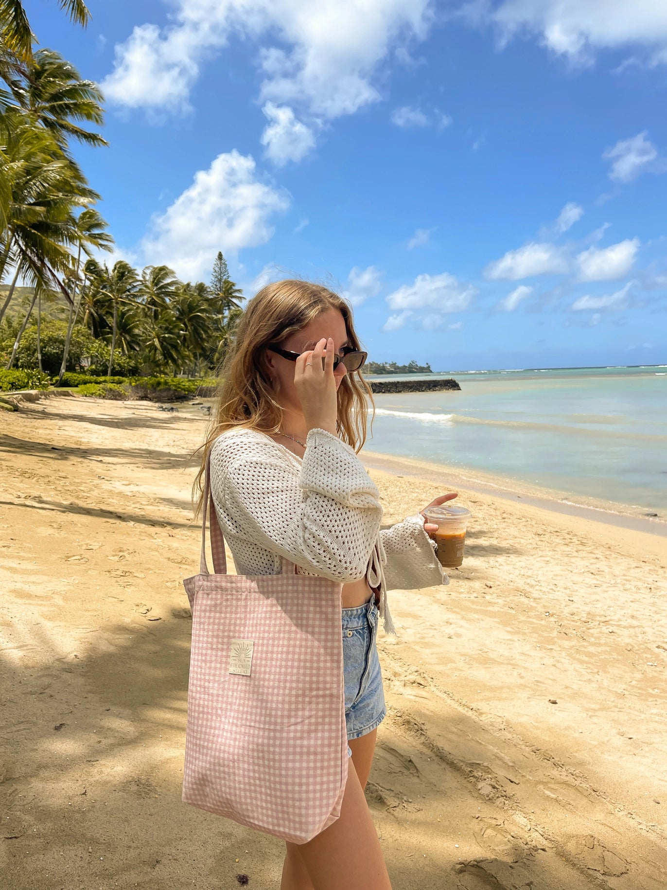 Strawberry Gingham Tote Bag – Pink Canvas Shoulder Bag with Pockets & Magnetic Closure