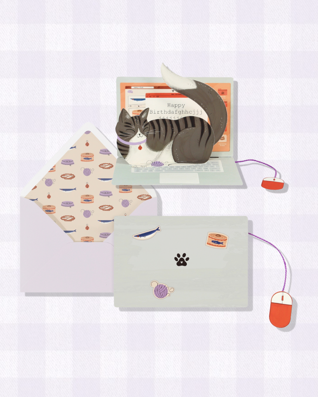 Funny cat pop-up birthday card with laptop design and matching lavender envelope.