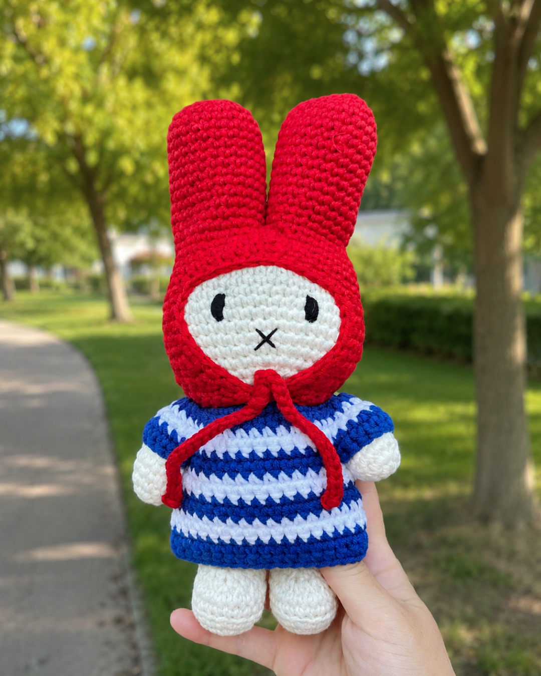Miffy Crochet Plush – Blue Striped Dress & Red Bonnet