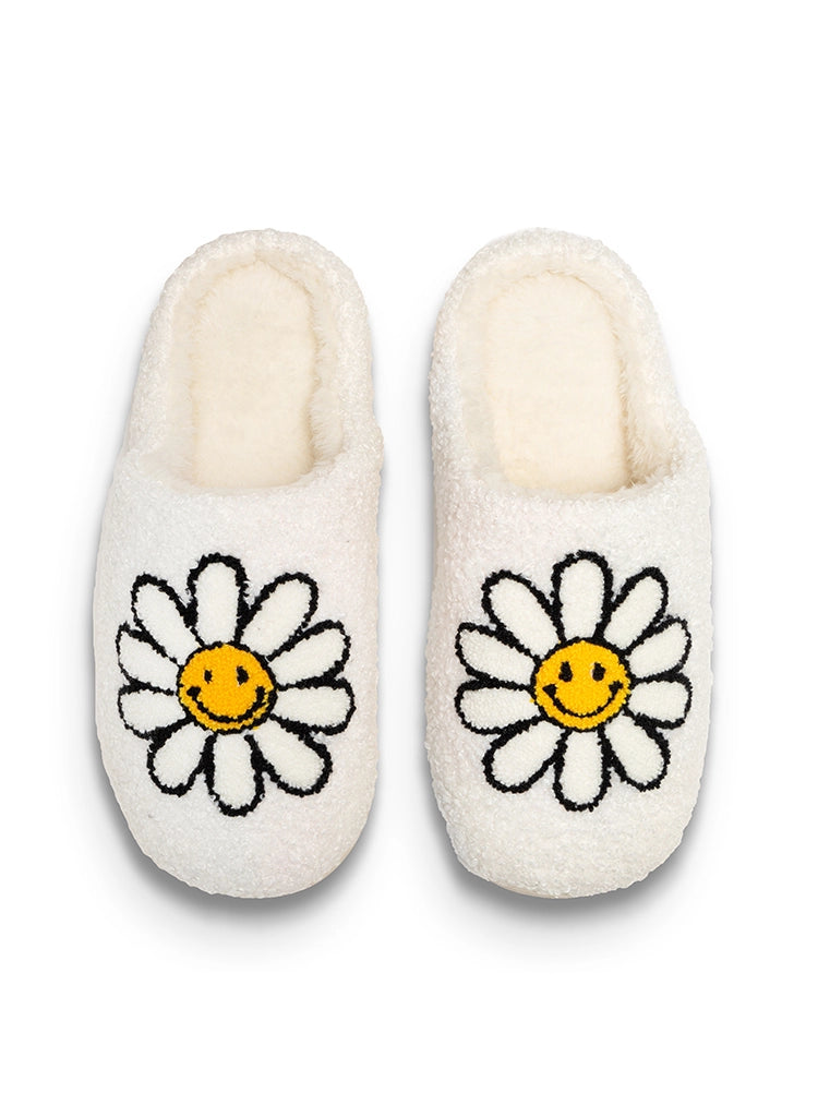 Sunshine Daisy Slippers – Fuzzy Cottagecore House Shoes with Smiley Flower Design (Indoor/Outdoor Soles)