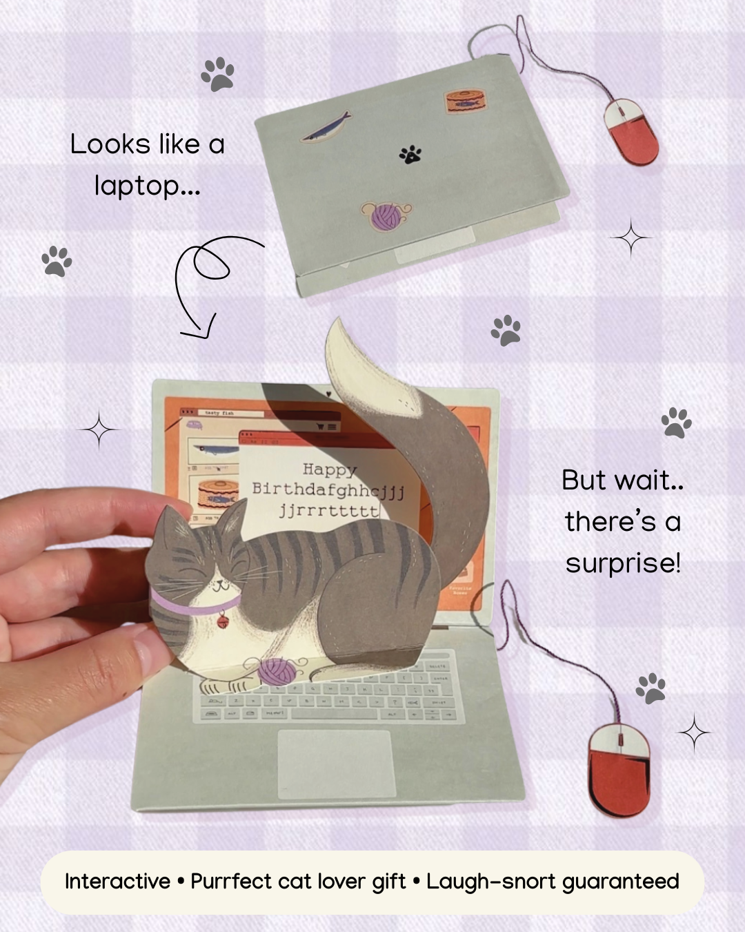 Funny cat pop-up card shown closed and open with text: “Looks like a laptop… but wait, surprise!”