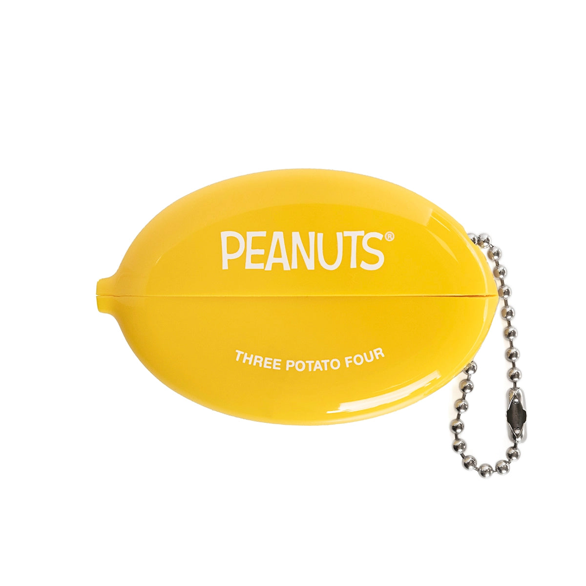 Retro-style yellow coin pouch featuring bold “Peanuts” and “Three Potato Four” branding. Classic squeeze design with silver ball chain keyring — a playful, functional throwback for everyday use.