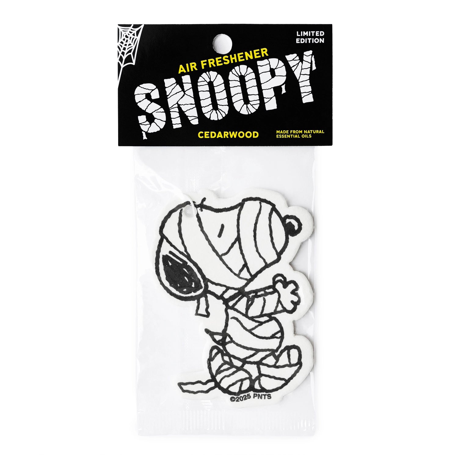 Limited edition Snoopy air freshener in cedarwood scent, showing Snoopy dressed as a mummy. Halloween packaging with spiderweb details and bold mummy-style Snoopy lettering. Made with natural essential oils.