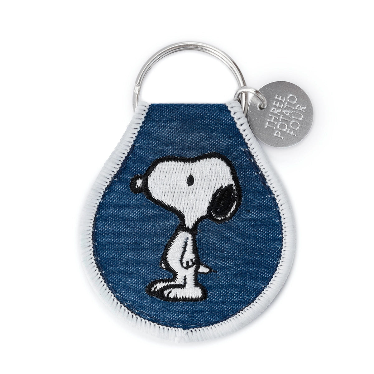 Snoopy embroidered denim keychain – classic standing pose, front view
