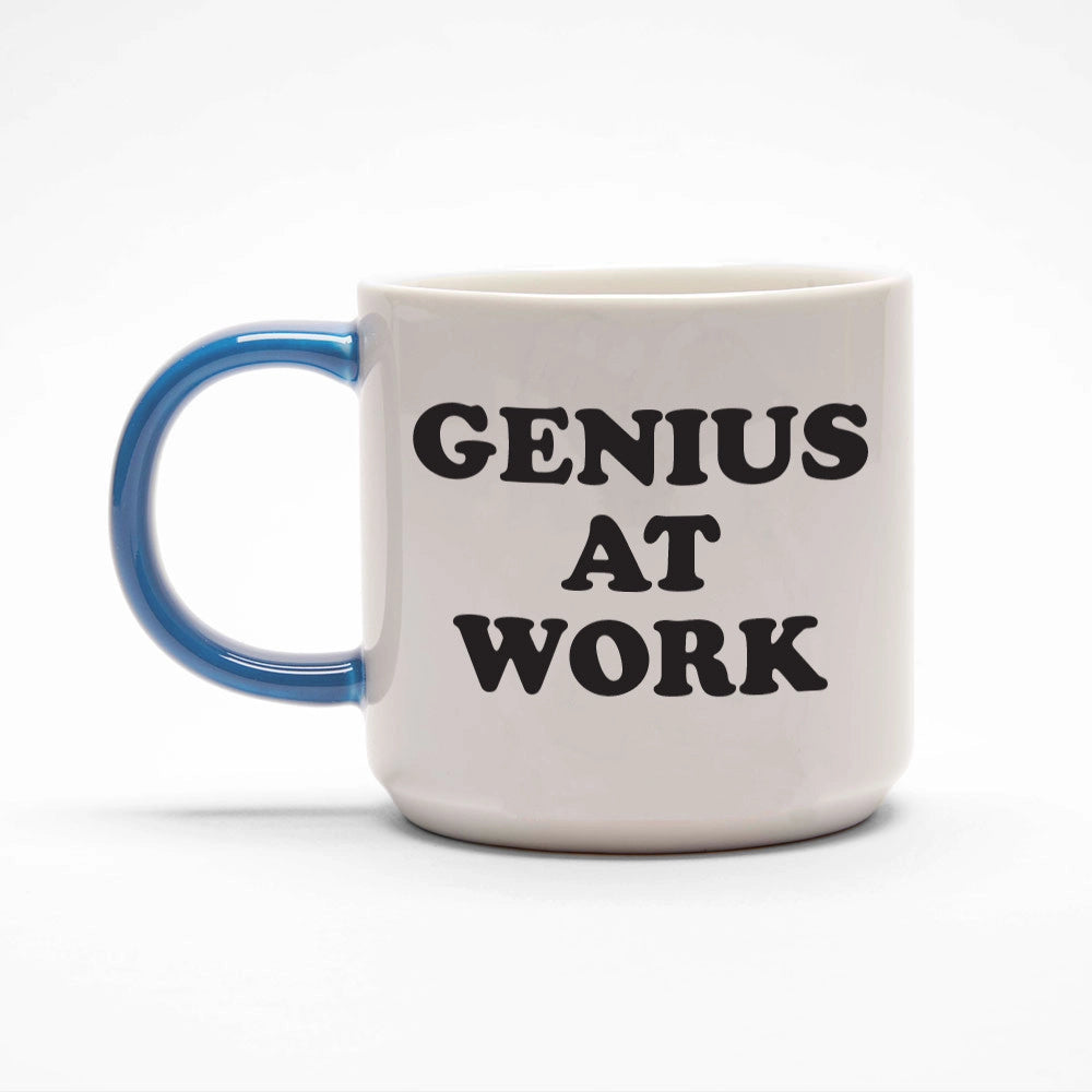 Reverse side of mug with “Genius at Work” quote in bold black letters