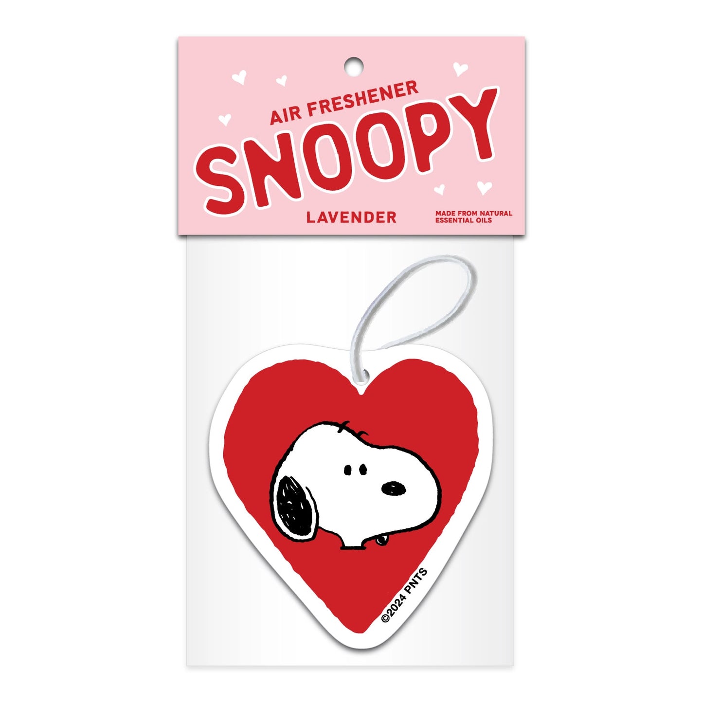 Close-up of Snoopy lavender-scented heart air freshener in packaging. Features classic Snoopy face with red heart background and soft pink label.