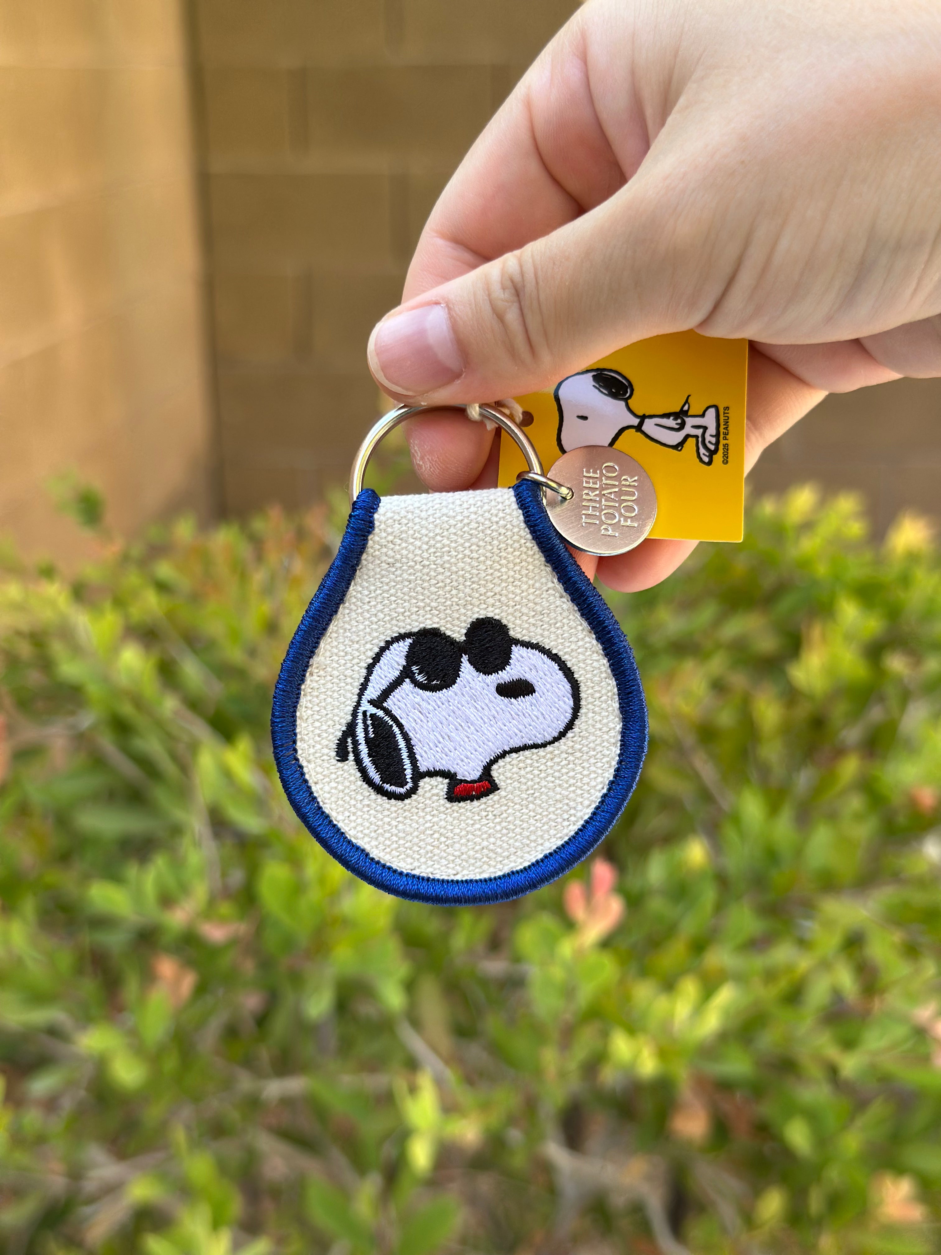Close-up of Snoopy Peanuts embroidered keychain with blue trim featuring sunglasses Snoopy, held outdoors with greenery in background.