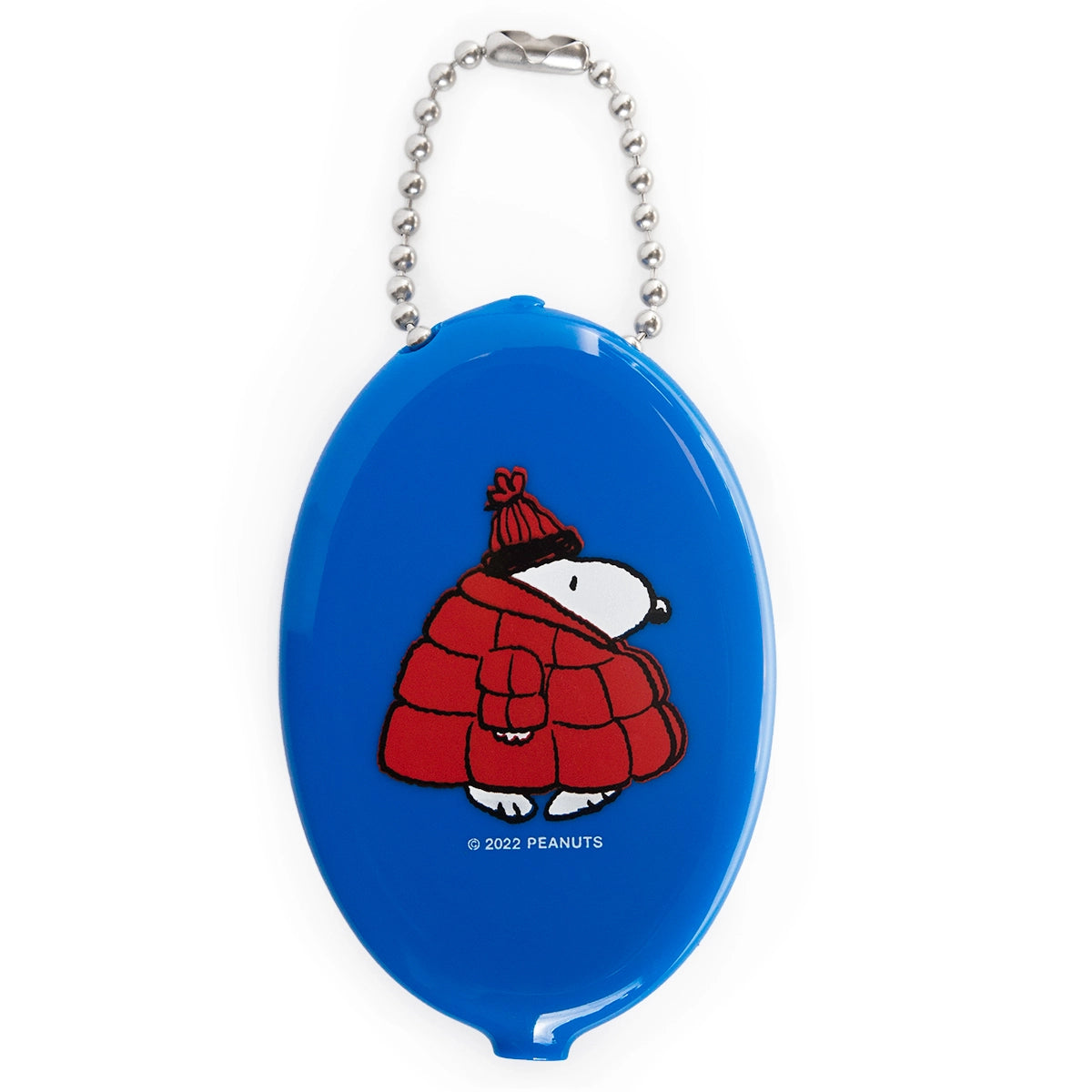 Blue oval coin pouch featuring Snoopy in a red puffer coat and knit hat. A playful winter-themed Peanuts keychain pouch with silver keyring, perfect for fans of nostalgic accessories.