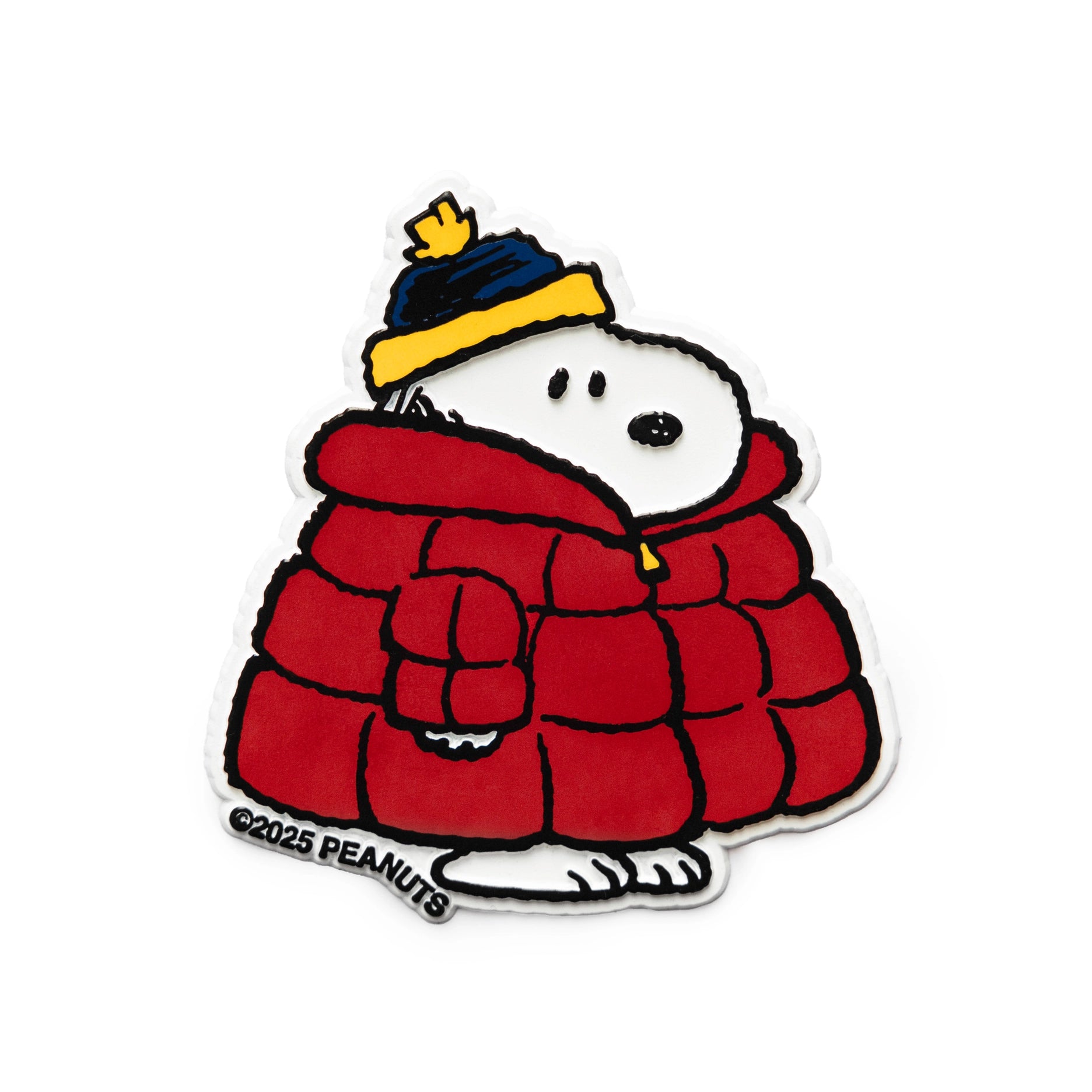 Sticker of Snoopy bundled up in a red puffer jacket and navy winter beanie with a yellow pom-pom. A cozy and adorable Peanuts design perfect for cold weather vibes, gifting, or decorating your laptop or water bottle.