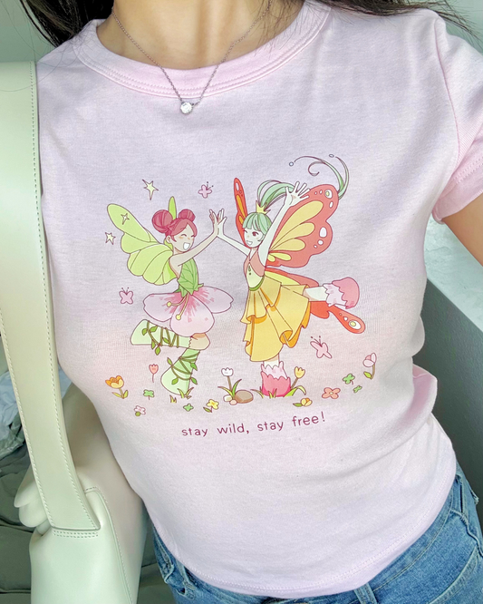 Dancing Fairies Baby Tee – Baby Pink Graphic Fitted T-Shirt, Stay Wild Stay Free Top, Fairycore Aesthetic, Soft Girl Summer Tee