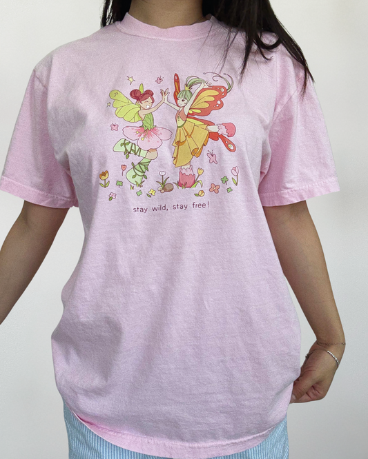 Dancing Fairies Graphic Tee – Relaxed Unisex T-Shirt in Pink or Ivory, Stay Wild Stay Free Fairycore Shirt, Soft Girl Aesthetic