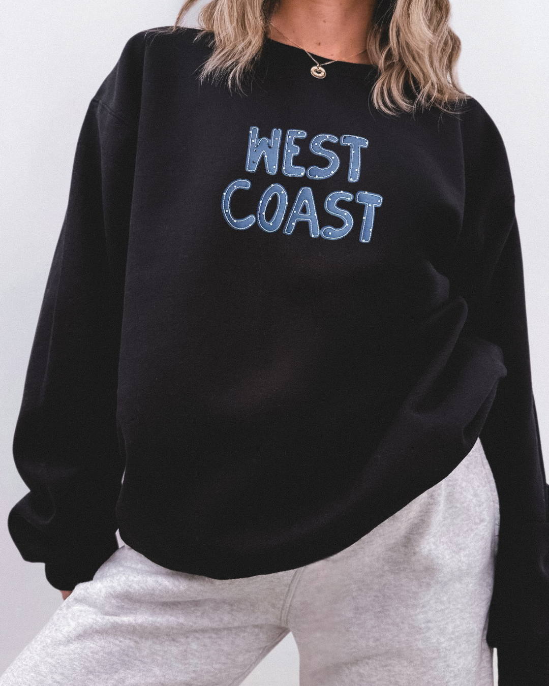 West Coast Patchwork Crewneck — Black Oversized Embroidered Sweatshirt