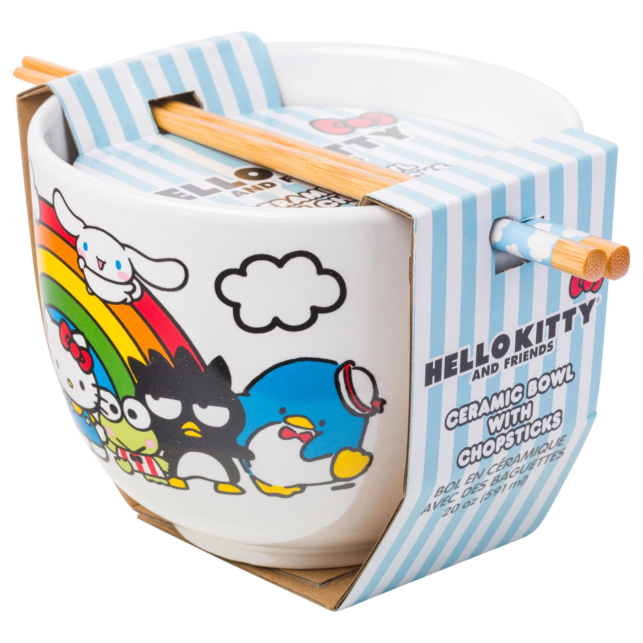 Hello Kitty & Friends Ramen Bowl – White Ceramic Kawaii Noodle Bowl with Chopsticks (20 oz)