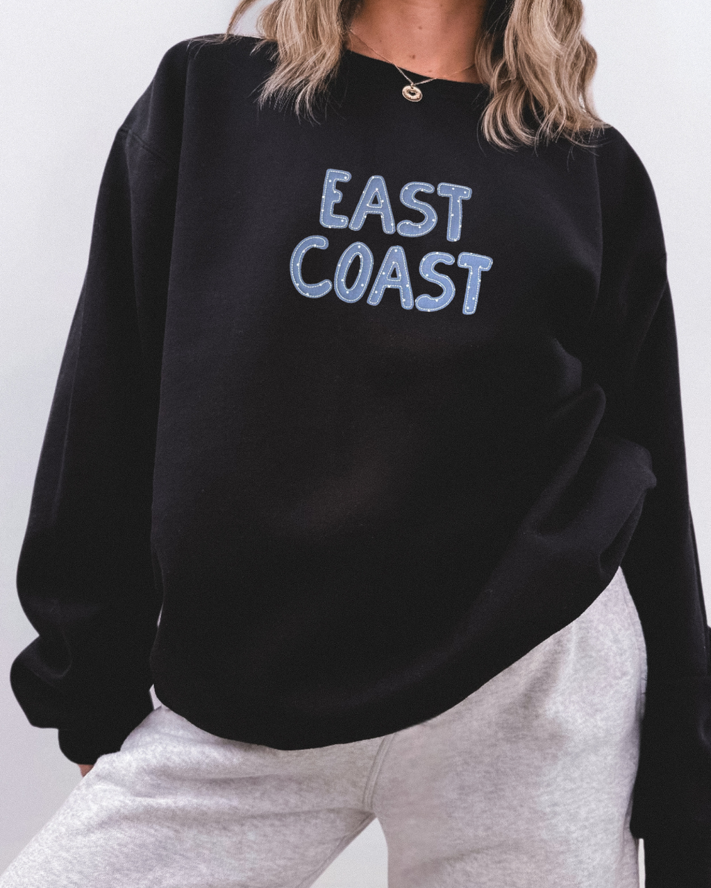 East Coast Patchwork Crewneck — Black Oversized Embroidered Sweatshirt