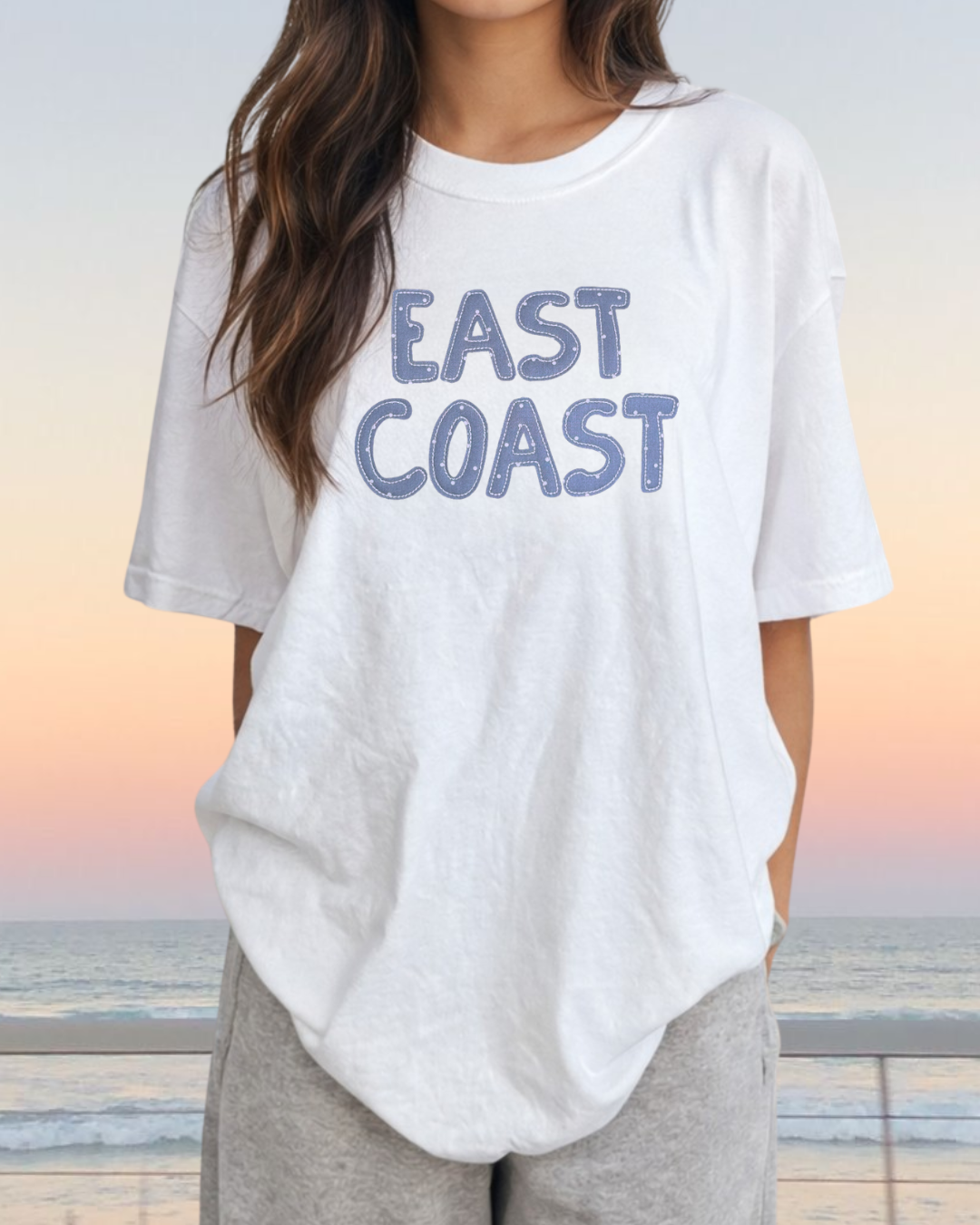 East Coast Embroidered T-Shirt – White Relaxed Fit Cotton Tee