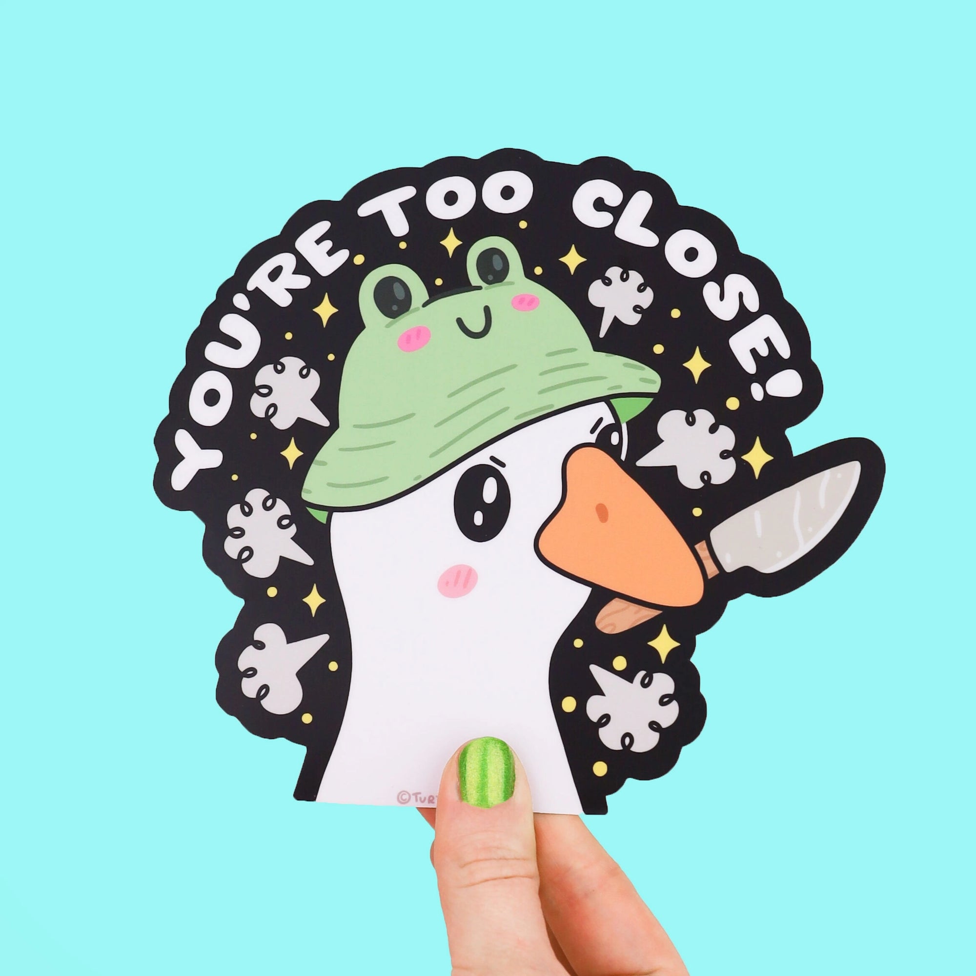 “You’re Too Close!” Goose Sticker – Funny Frog Hat Vinyl Car Decal for Windows, Laptops & Water Bottles