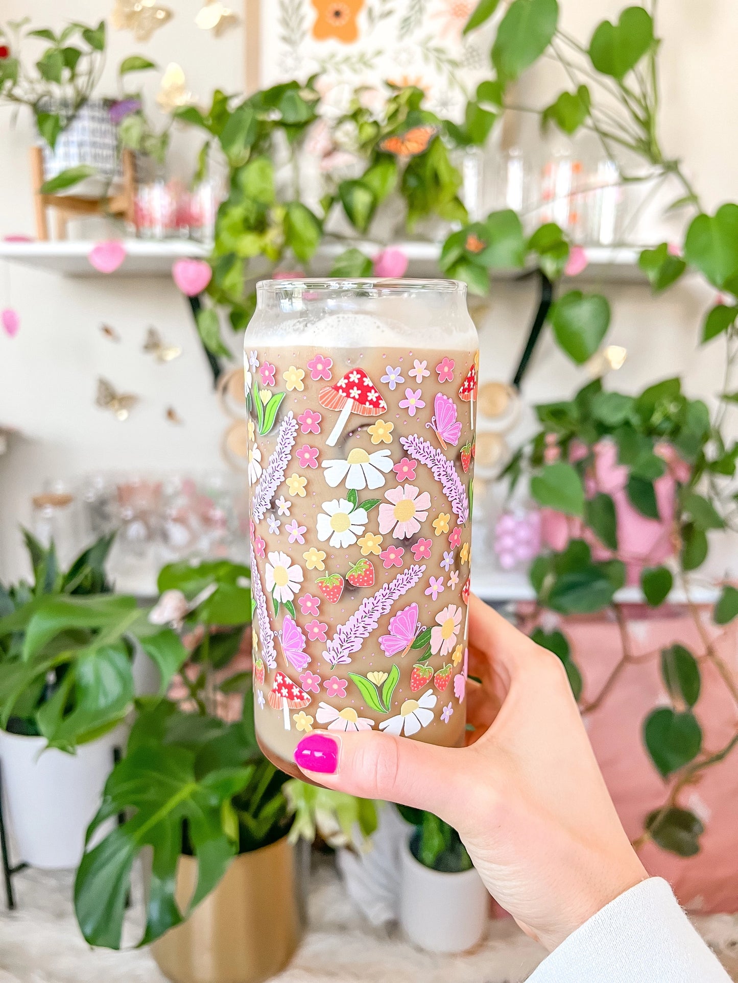 20 oz ‘Blooming Garden’ Glass Can – Flowers, Strawberries & Mushrooms