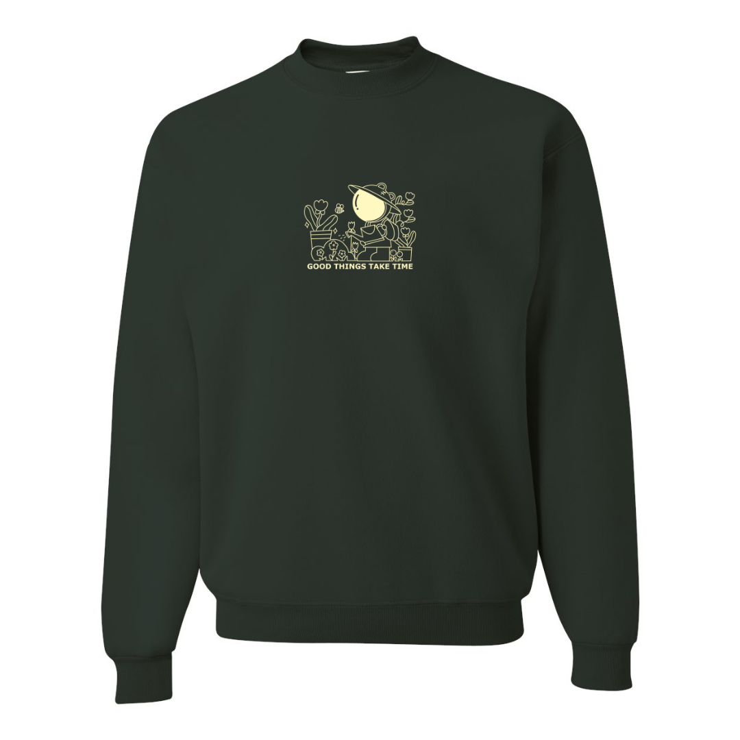 [Studio Sample] Good Things Take Time Embroidered Sweatshirt – Forest Green Crewneck for Plant Lovers, Burnout Recovery, and Soft Self-Motivation