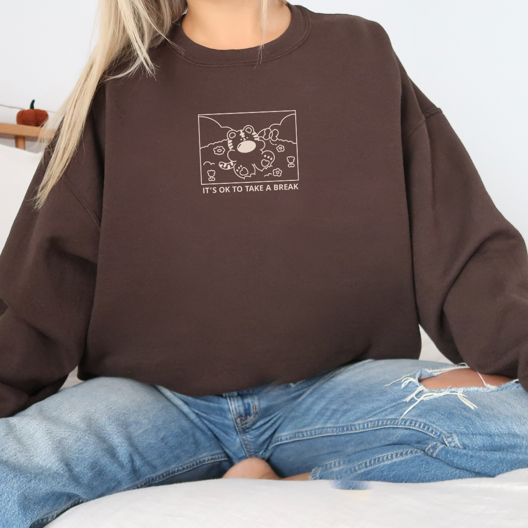 IT'S OK TO TAKE A BREAK Embroidery Crewneck Sweatshirt - Brown