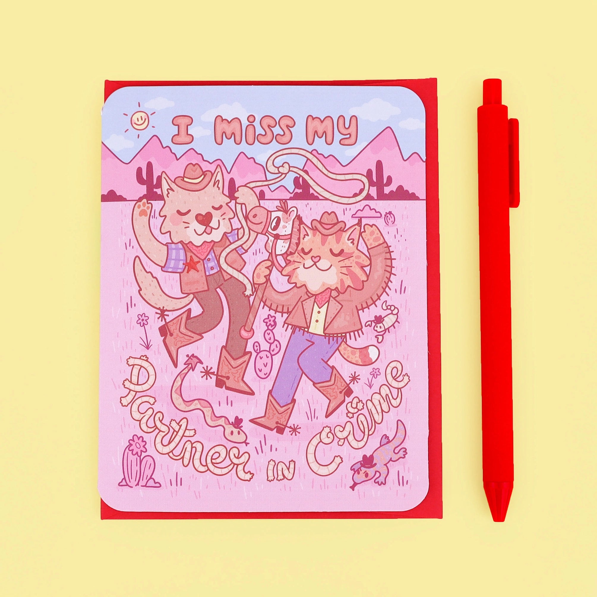 🤠 I Miss My Partner in Crime – Cowboy Cat & Dog Missing You Card