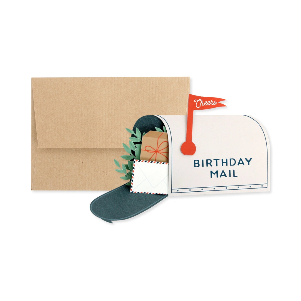 Interactive 3D birthday card featuring a cute open mailbox design with paper foliage, a tiny parcel, and envelope inside. Includes a kraft envelope — perfect for mailing a little joy.

