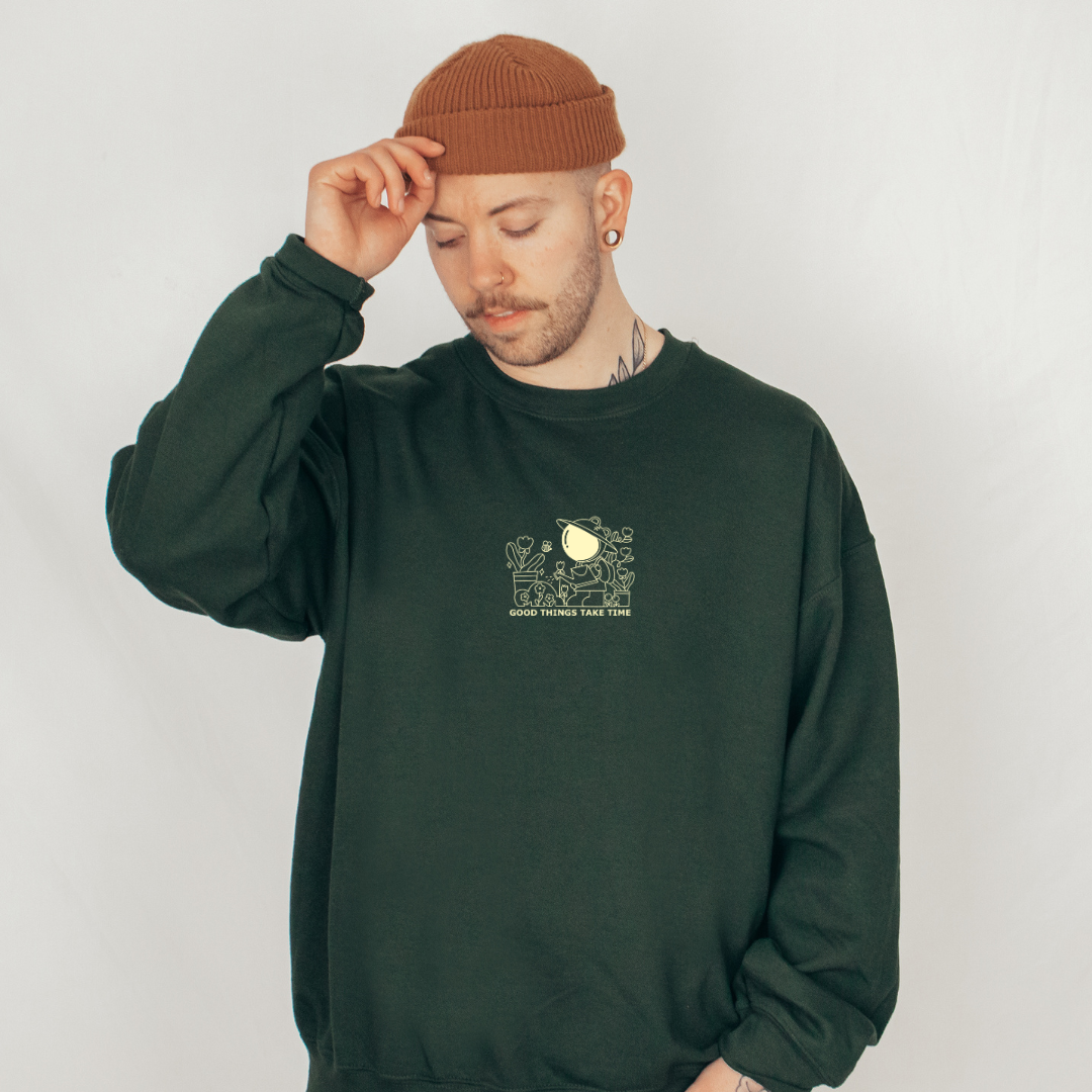 [Studio Sample] Good Things Take Time Embroidered Sweatshirt – Forest Green Crewneck for Plant Lovers, Burnout Recovery, and Soft Self-Motivation