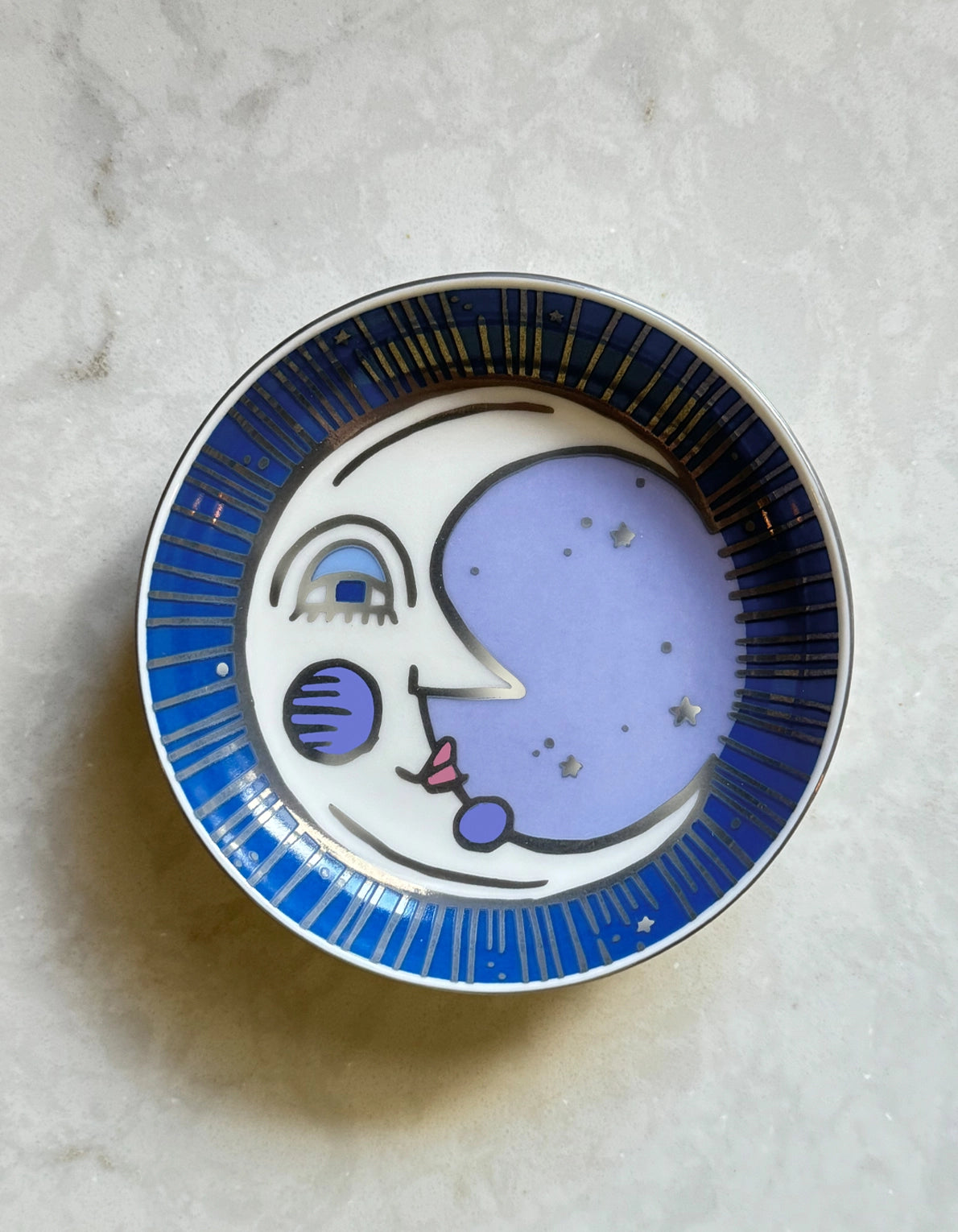 Celestial Moon Ceramic Trinket Dish – Hand-Painted Jewelry Holder with Silver Detail