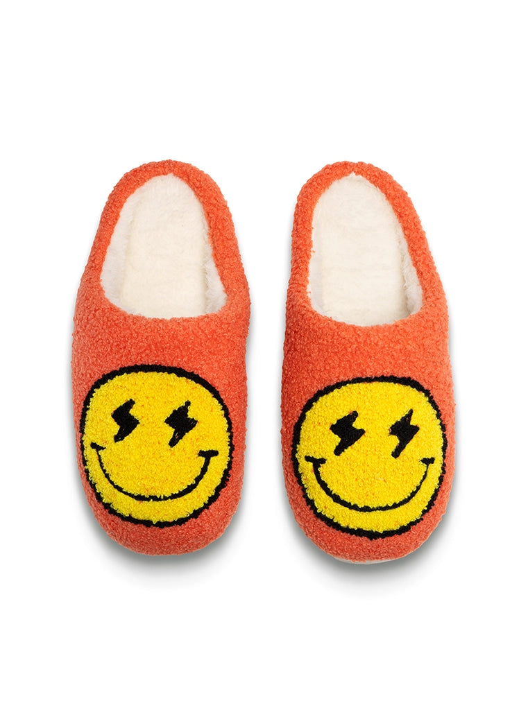Cozy Smiley Face Slippers – Orange Fuzzy House Shoes with Lightning Eyes (Indoor/Outdoor Soles)