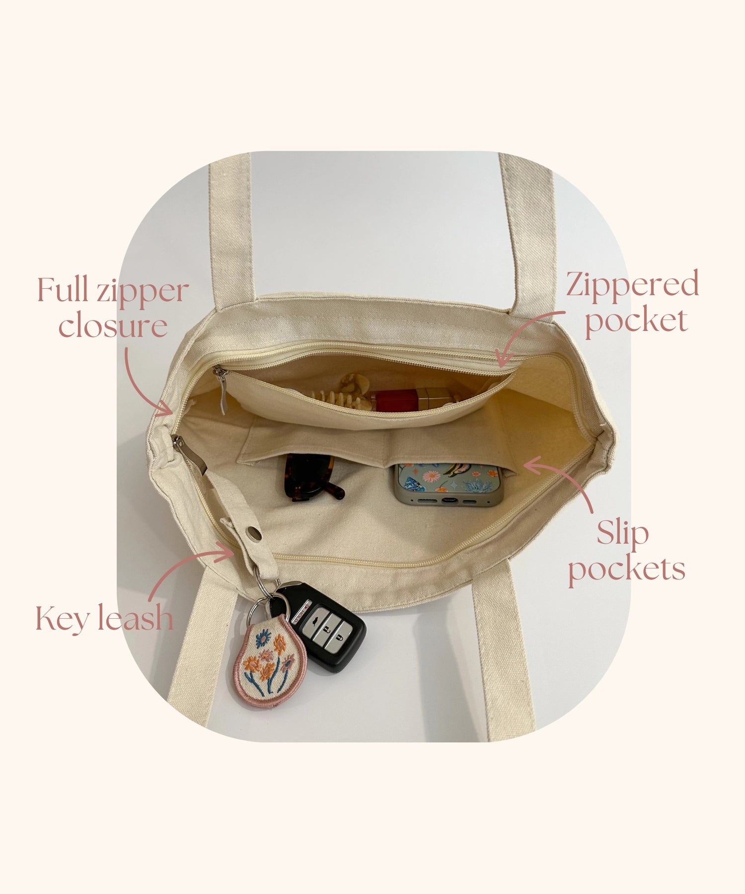 Heart Print Zipper Tote Bag – Canvas Everyday Carry-All with Pockets, Key Leash & Secure Closure