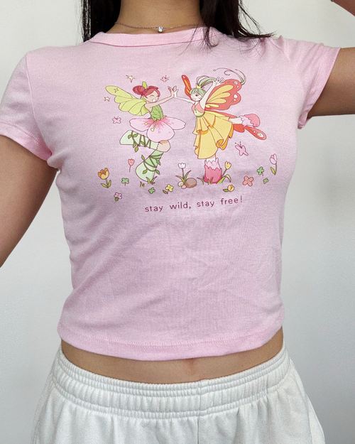 Dancing Fairies Baby Tee – Pastel Pink Fairycore Crop Top & Whimsical Holiday Gift