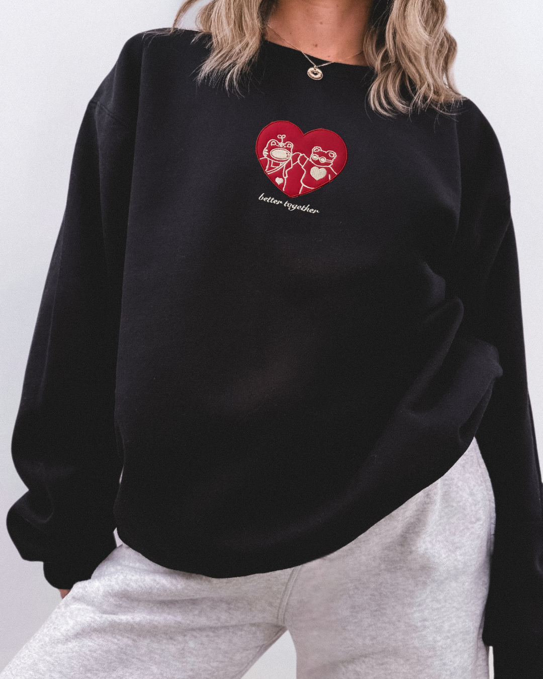 Better Together Heart Patch Sweatshirt – Cozy Black Oversized Crewneck Gift for Couples & Best Friends