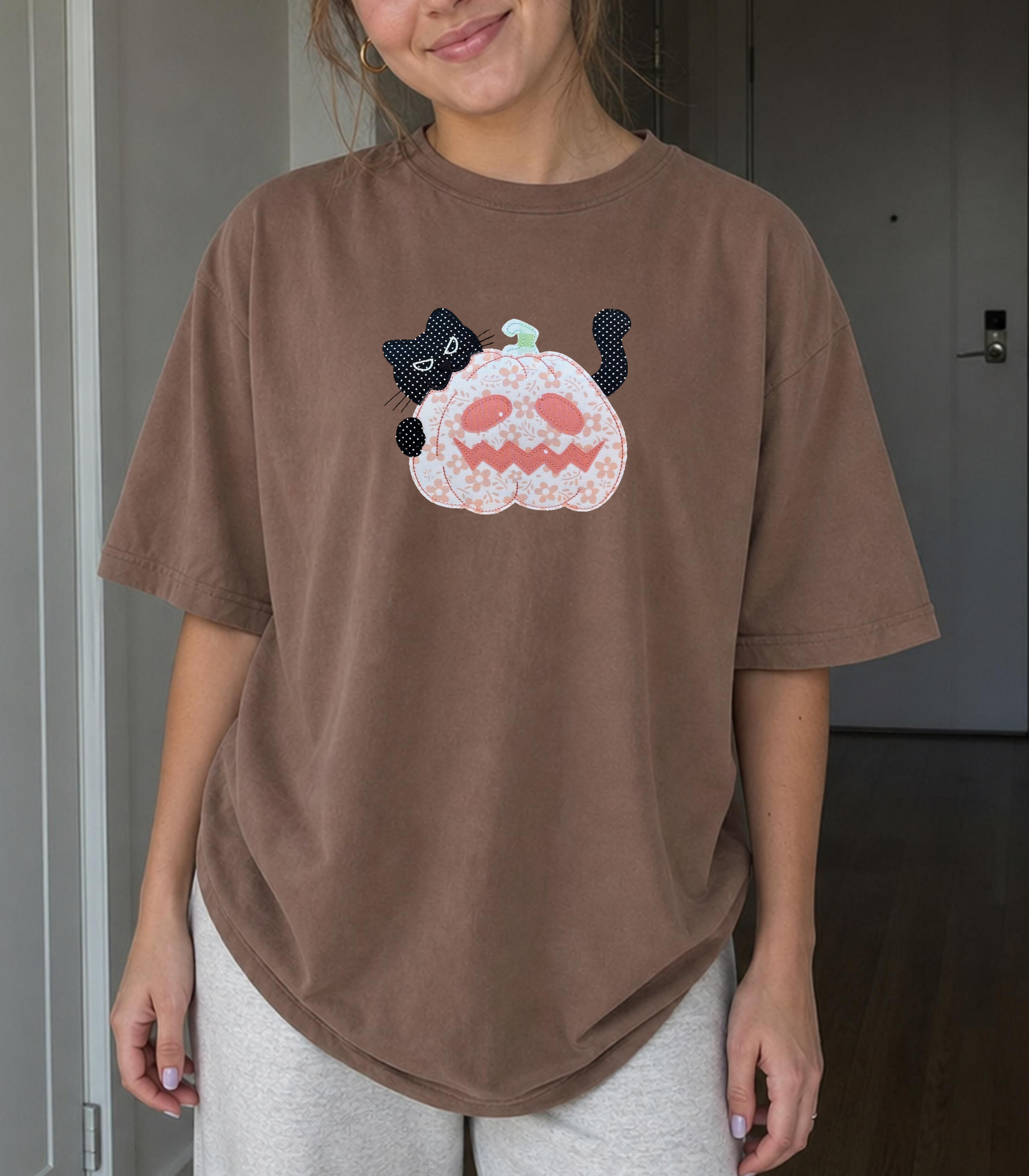 Black Cat Pumpkin Patchwork Tee — Espresso Relaxed Fit 100% Cotton T-Shirt