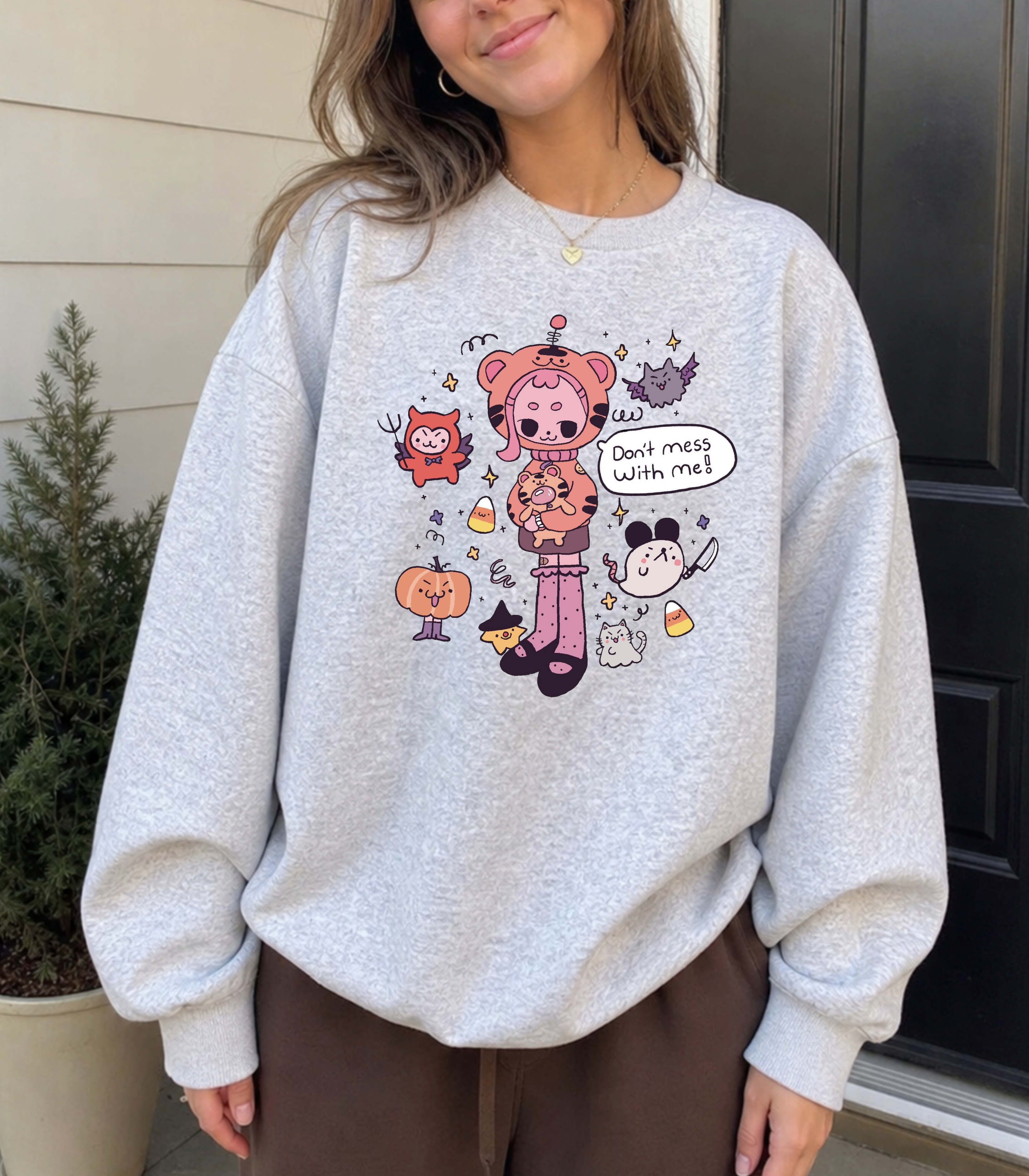 Don't Mess With Me Graphic Crewneck — Ash Gray Halloween Sweatshirt