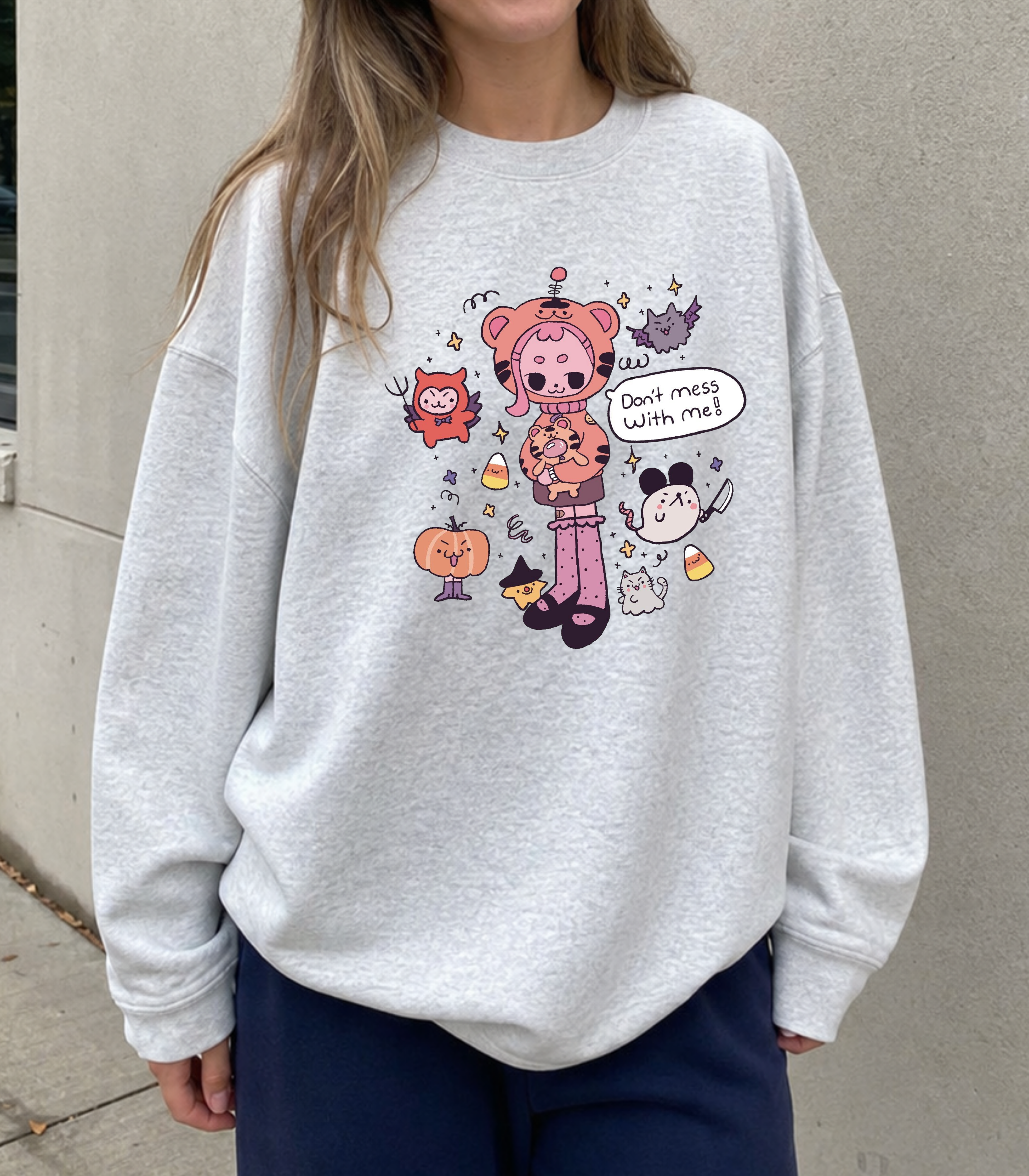 Don't Mess With Me Graphic Crewneck — Ash Gray Halloween Sweatshirt