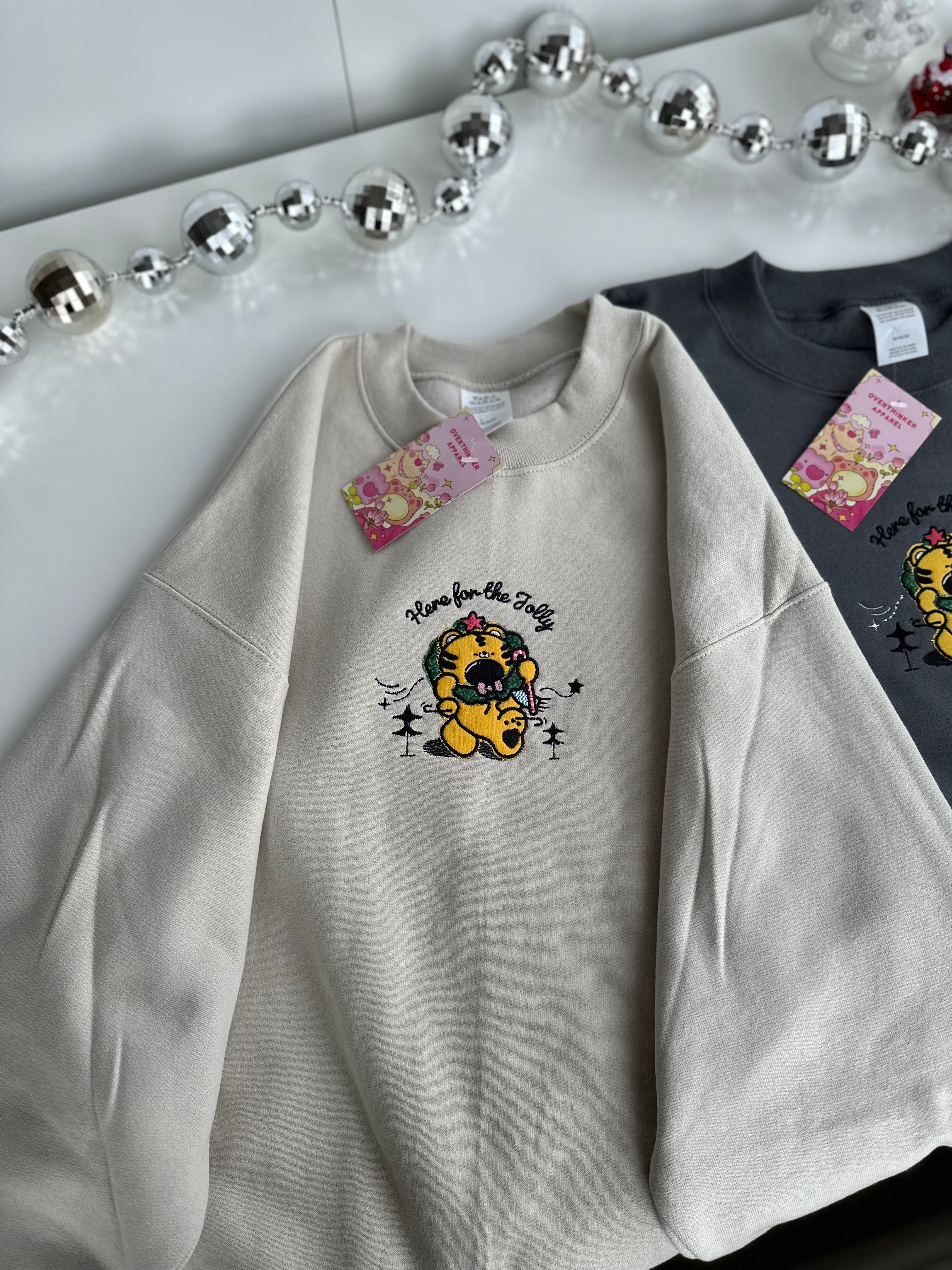 “Here for the Jolly” Embroidered Christmas Sweatshirt – Charcoal Gray & Sand Beige (Oversized)