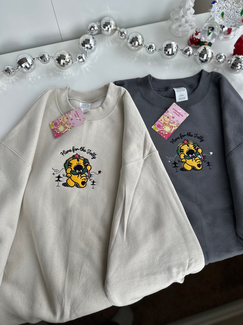 “Here for the Jolly” Embroidered Christmas Sweatshirt – Charcoal Gray & Sand Beige (Oversized)
