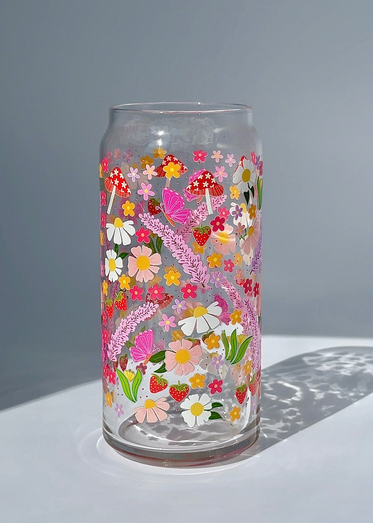 20 oz ‘Blooming Garden’ Glass Can – Flowers, Strawberries & Mushrooms