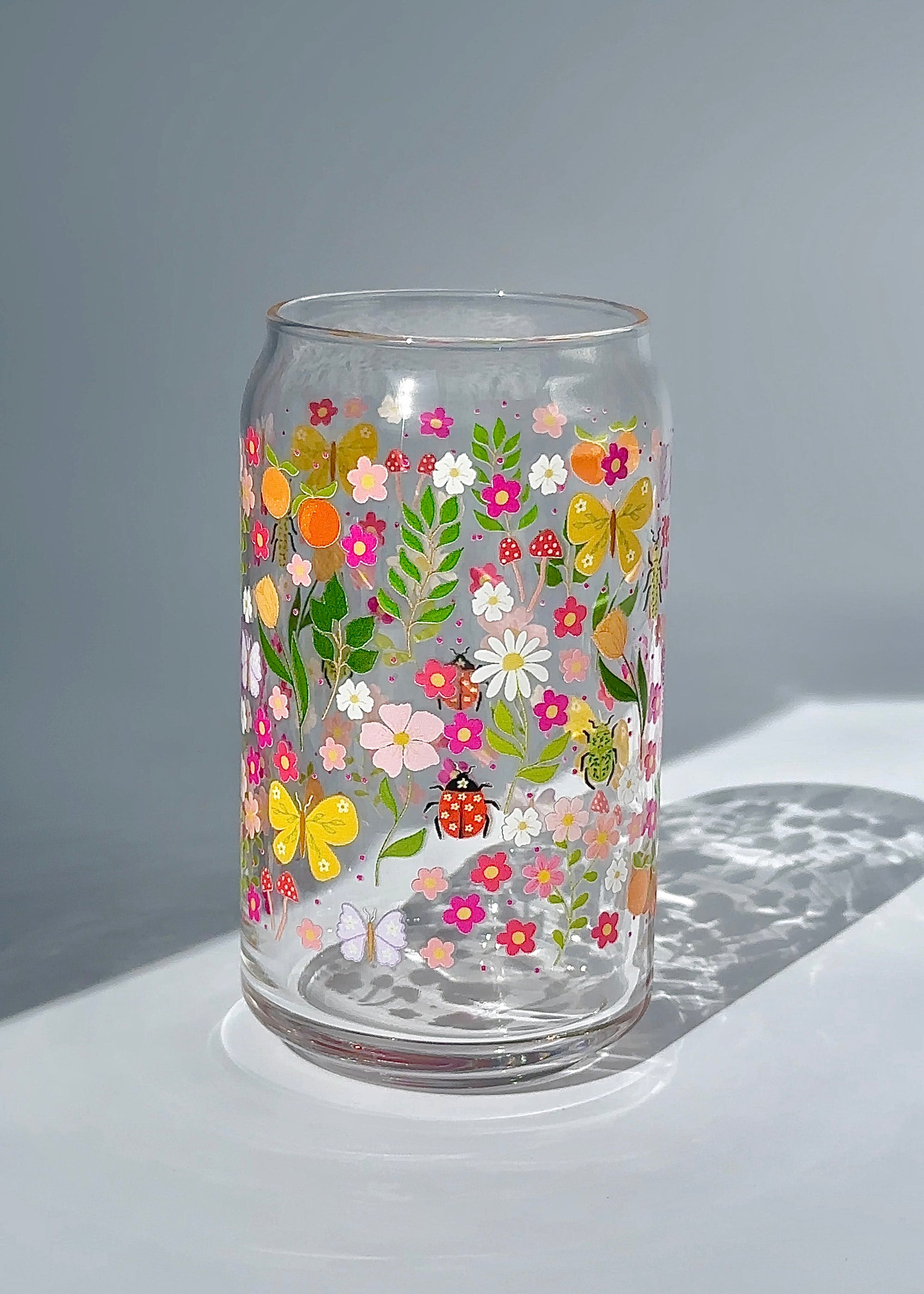 Floral Garden 16 oz Glass Can – Cottagecore Iced Coffee Cup for Dorm & Study Days