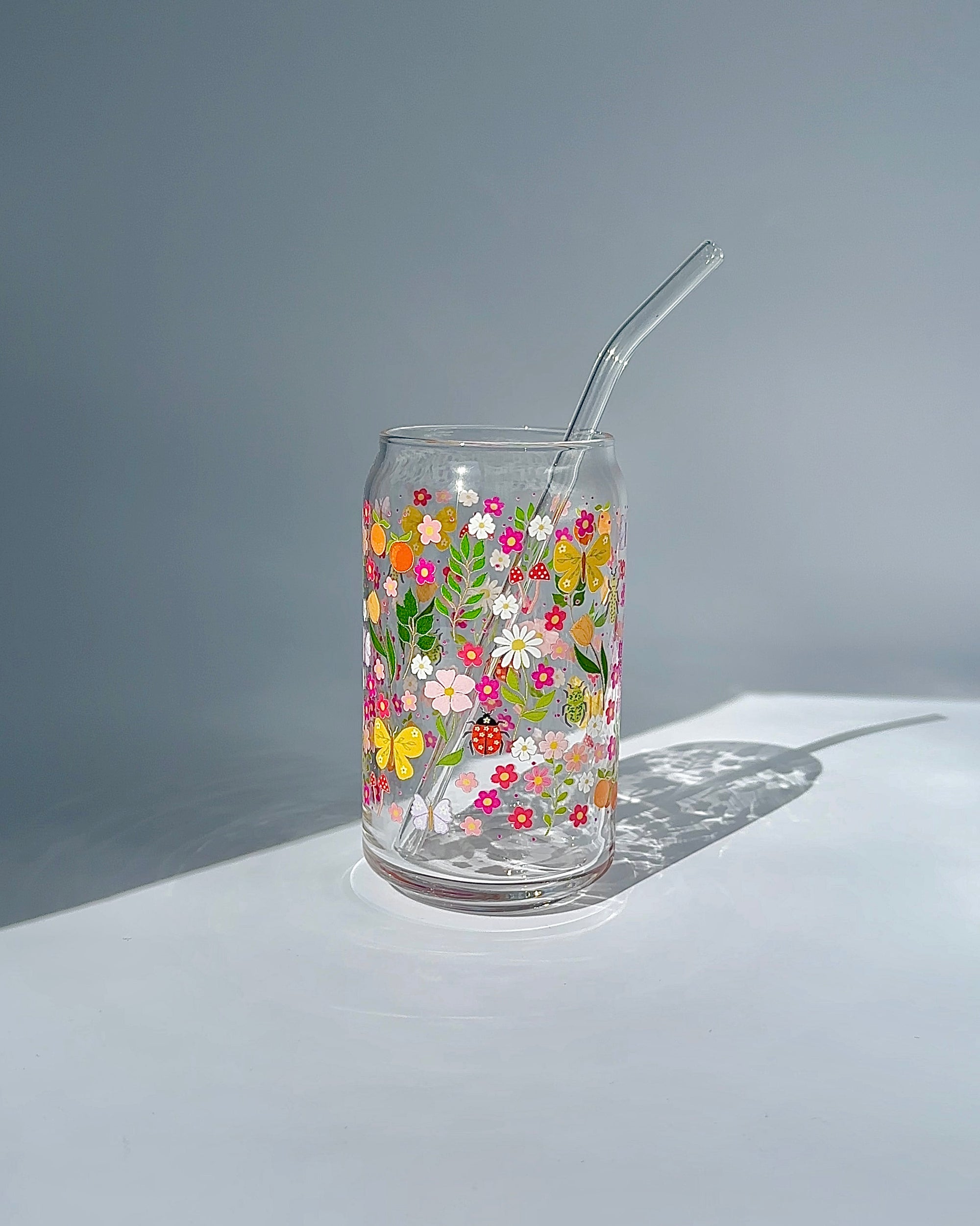 Floral Garden 16 oz Glass Can – Cottagecore Iced Coffee Cup for Dorm & Study Days
