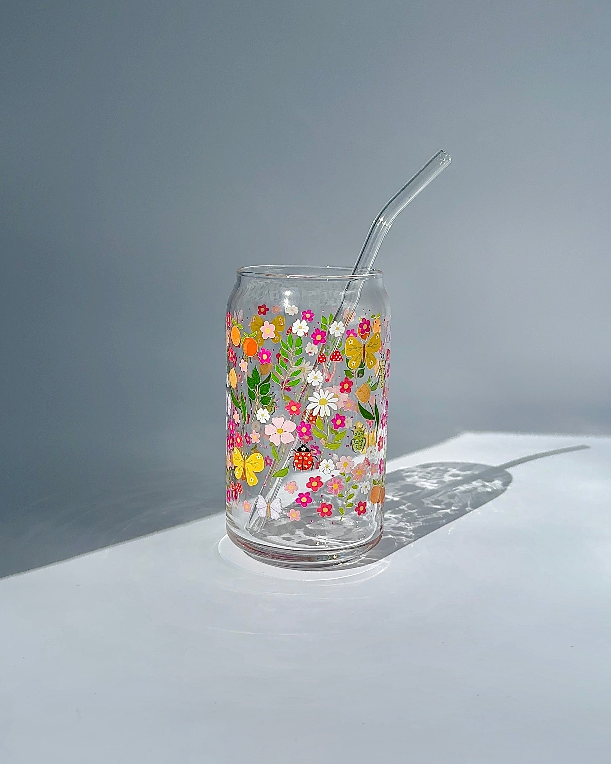 Floral Garden 16 oz Glass Can – Cottagecore Iced Coffee Cup for Dorm & Study Days