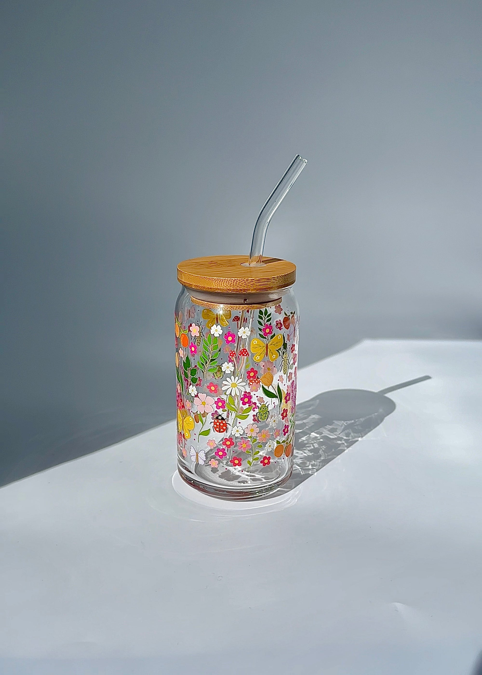 Floral Garden 16 oz Glass Can – Cottagecore Iced Coffee Cup for Dorm & Study Days