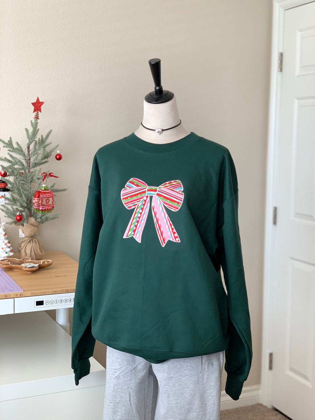 Candy Cane Bow Embroidered Christmas Sweatshirt | Festive Oversized Holiday Crewneck