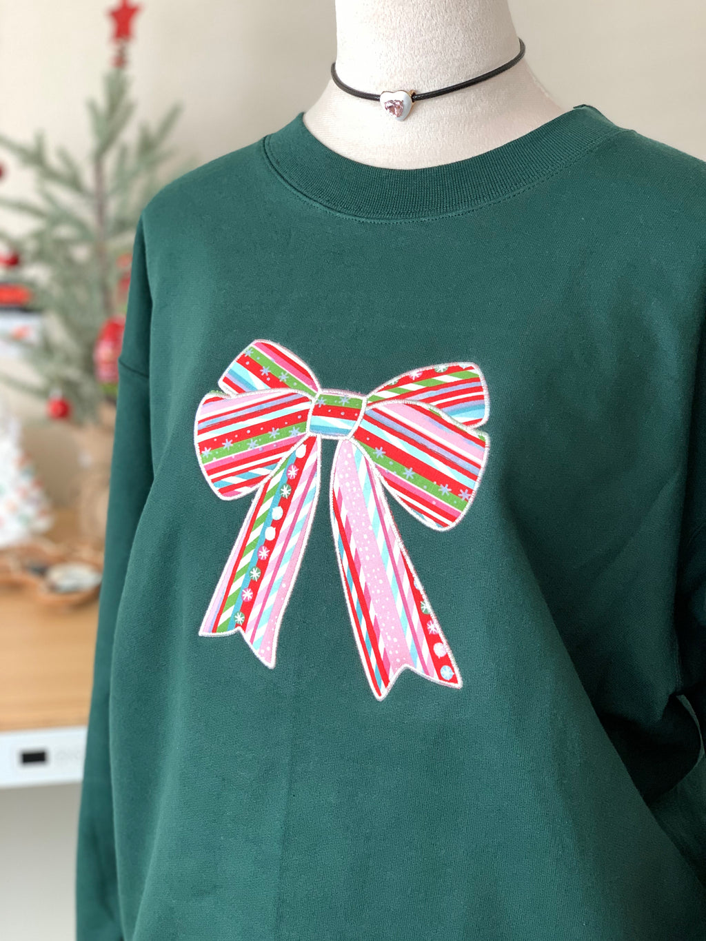 Candy Cane Bow Embroidered Christmas Sweatshirt | Festive Oversized Holiday Crewneck