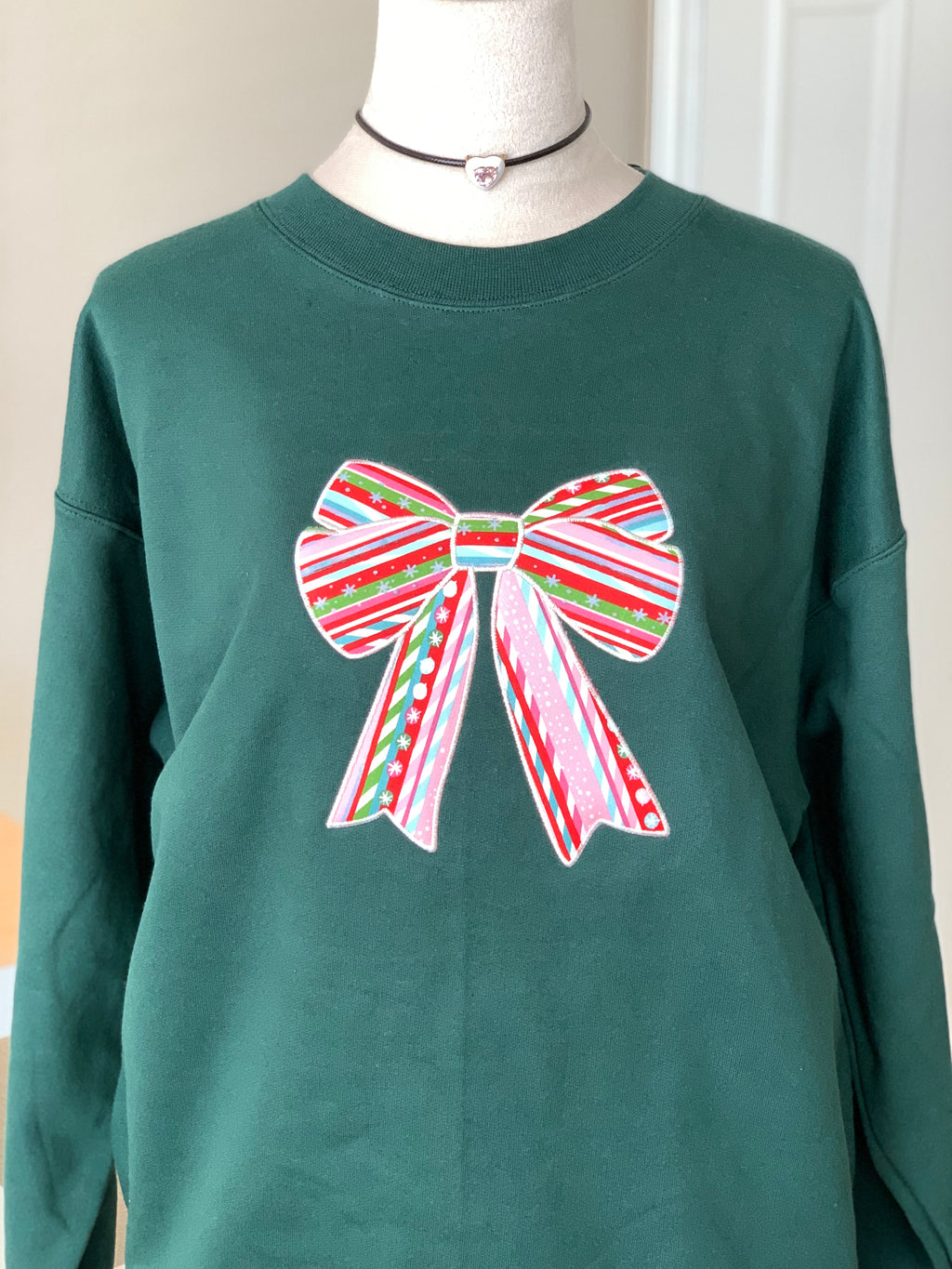 Candy Cane Bow Embroidered Christmas Sweatshirt | Festive Oversized Holiday Crewneck
